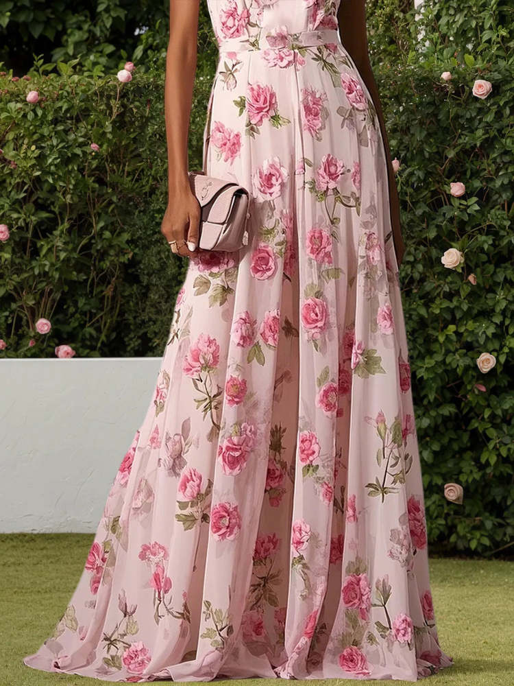 Pink Classic Floral Halter Short Sleeve A-Line Maxi Wedding Dress Bridal Gown for Bridal Shower Wedding Photoshoot Reception