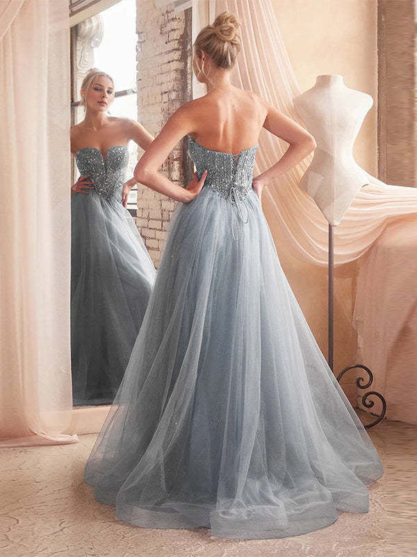 Blue A-Line Sweetheart Sequin Long Prom Wedding Guest Dress