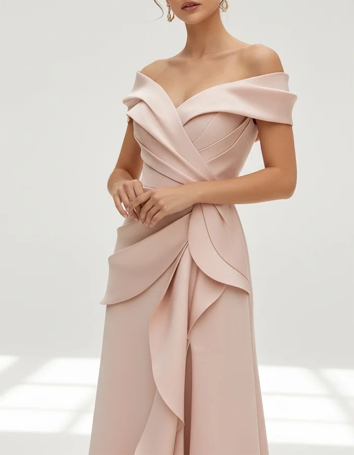 Elegant Pink Off-the-Shoulder Pleated Satin Maxi Wedding Dress, Flowy Bridal Gown for Engagement Bridal Shower Photoshoot Prom Formal Event