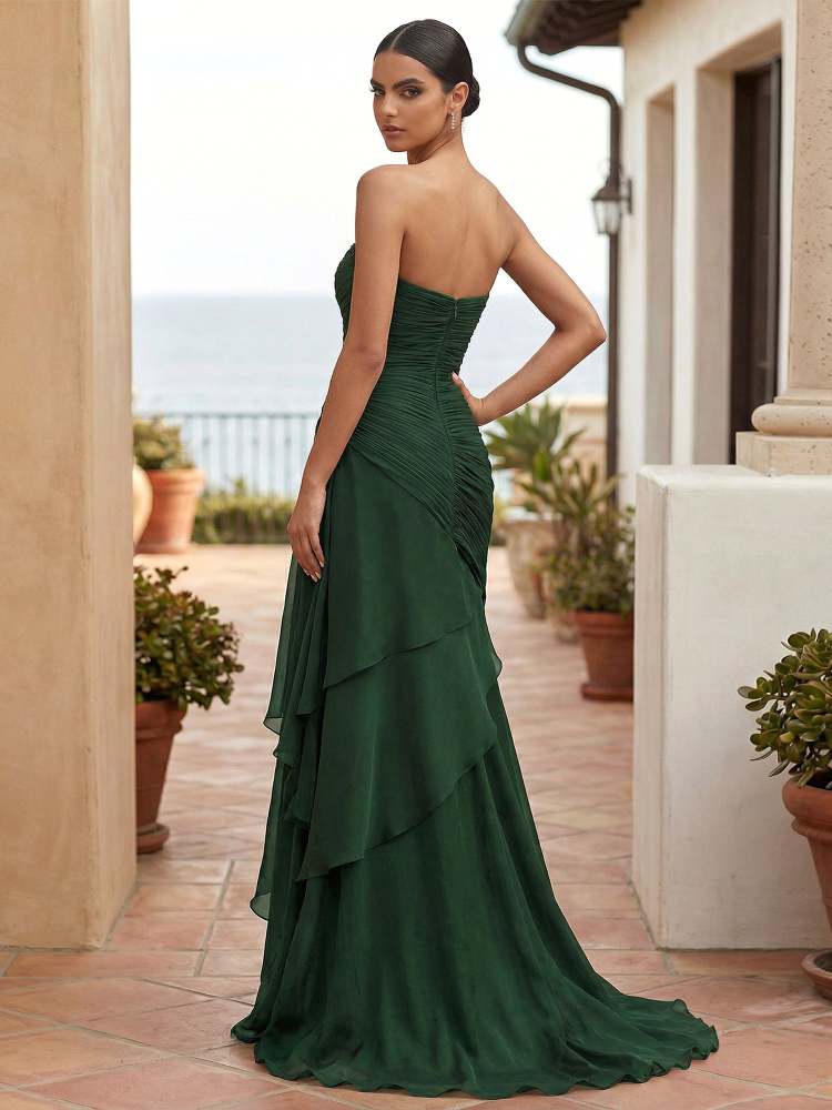 Dreamylily Women's Green Sweetheart Neck A-Line Tiered Maxi Formal Wedding Evening Dress