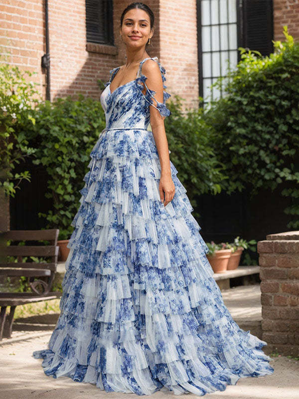 Blue Floral A Line V Neck Long Pleated Slit Prom Wedding Guest Dress