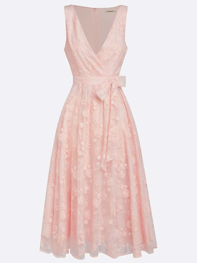 Light Pink Embroidered V Neck Sleeveless A-Line Midi Wedding Dress, Bridal Shower Engagement Rehearsal Dinner Party Bridal Gown