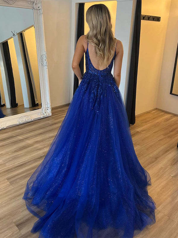 Royal Blue A-Line Spaghetti Straps Applique Slit Wedding Prom Dress