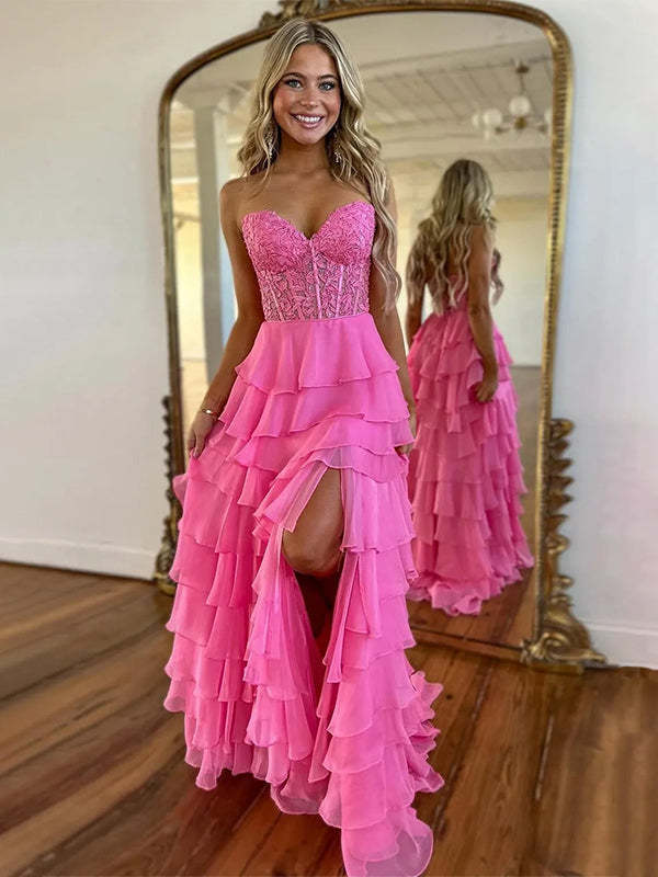 Light Blue A-Line Sweetheart Neck Long Tiered Prom Dress with Slit