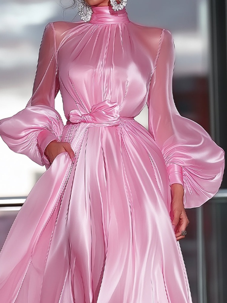 Women's Elegant Luxury Pink High-Neck Satin Maxi Wedding Dress for Bridal Shower Engagement Party Civil Wedding