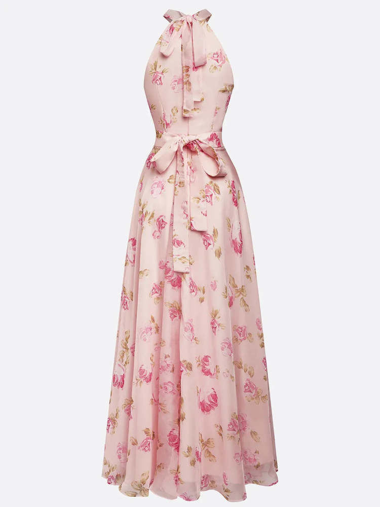 Pink Classic Floral Halter Short Sleeve A-Line Maxi Wedding Dress Bridal Gown for Bridal Shower Wedding Photoshoot Reception