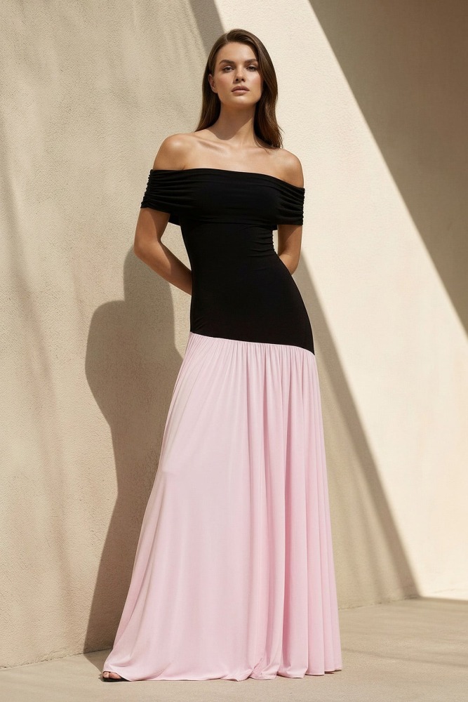 Black and Pink Off The Shoulder Pleated Maxi Wedding Dress, Romantic Bridal Gown for Wedding Engagement Photoshoot Reception Party