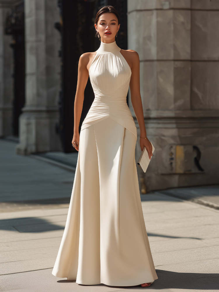 White Halter Neck Draped Maxi Wedding Dress, Sculpted Waist Elegant Bridal Gown for Wedding Ceremony Engagement Photoshoot