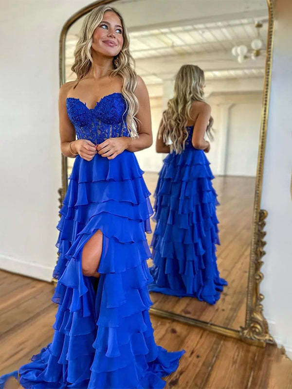 Light Blue A-Line Sweetheart Neck Long Tiered Prom Dress with Slit