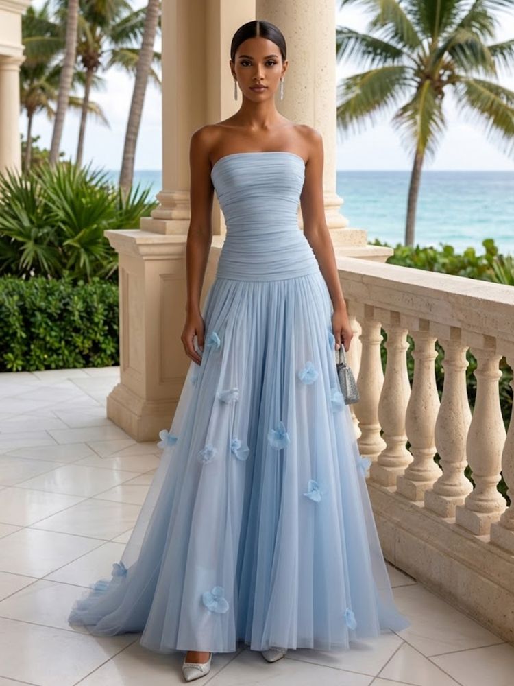 Women's Light Blue 3D Floral Ruched Tulle Wedding Dress, Strapless Sleeveless A-Line Bridal Gown for Wedding Ceremony Engagement Photoshoot