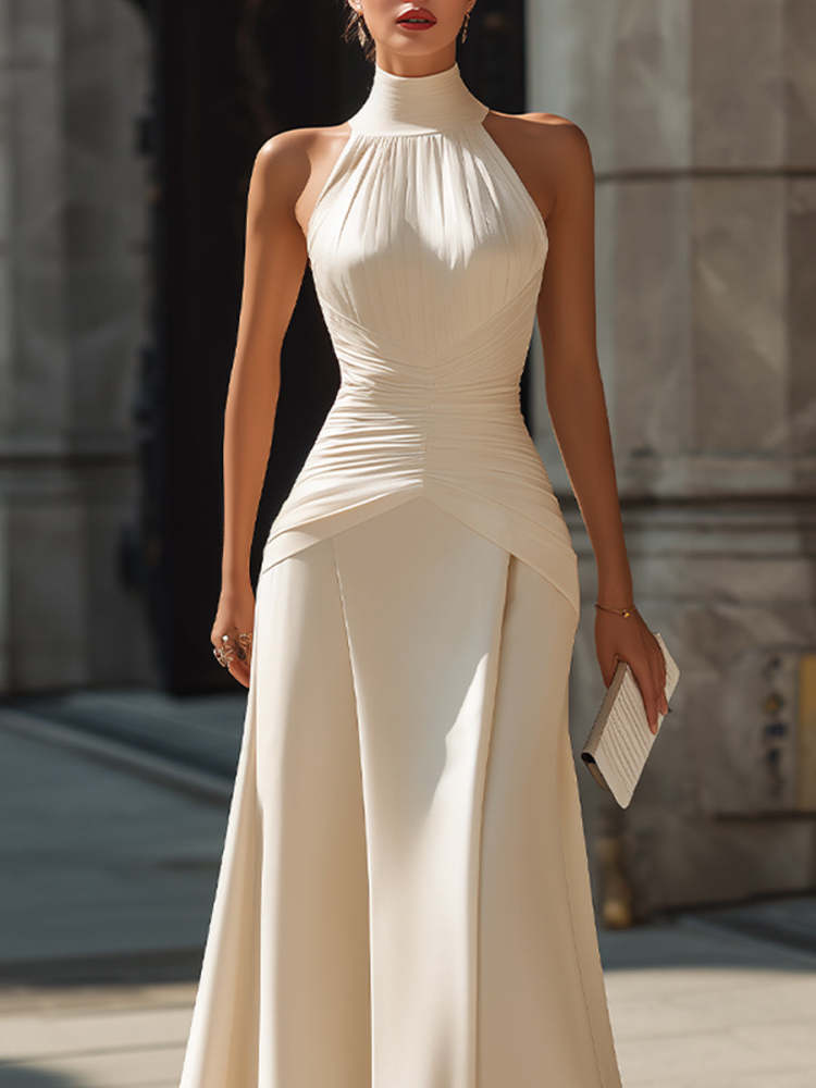 White Halter Neck Draped Maxi Wedding Dress, Sculpted Waist Elegant Bridal Gown for Wedding Ceremony Engagement Photoshoot