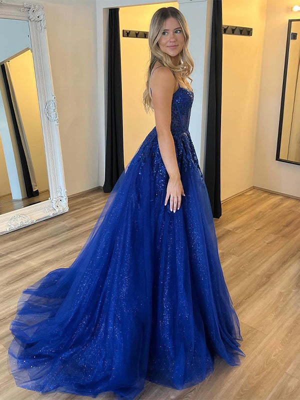 Royal Blue A-Line Spaghetti Straps Applique Slit Wedding Prom Dress