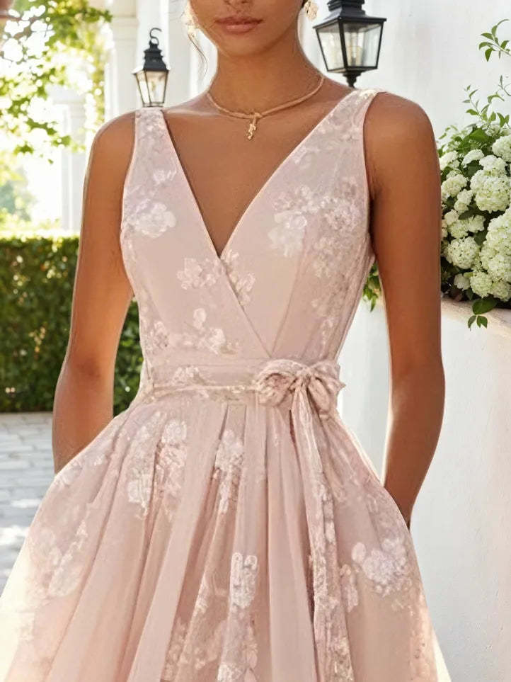 Light Pink Embroidered V Neck Sleeveless A-Line Midi Wedding Dress, Bridal Shower Engagement Rehearsal Dinner Party Bridal Gown