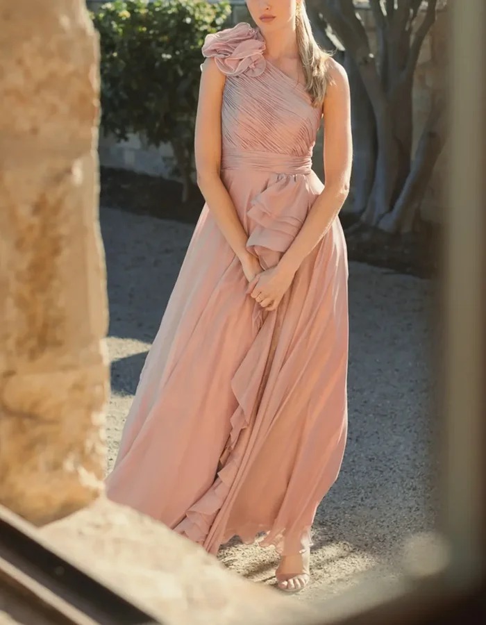 Pink 3D Floral One-Shoulder Ruched Chiffon Maxi Wedding Dress for Women, Long Flowy Bridal Gown for Beach Wedding Engagement Photoshoot Bridal Shower