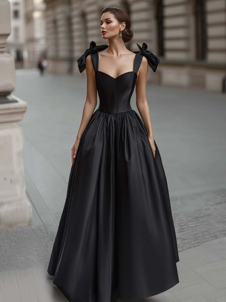 Black Elegant Bow-Shoulder Corset Ball Gown Wedding Dress for Bridal Formal Events Photoshoot