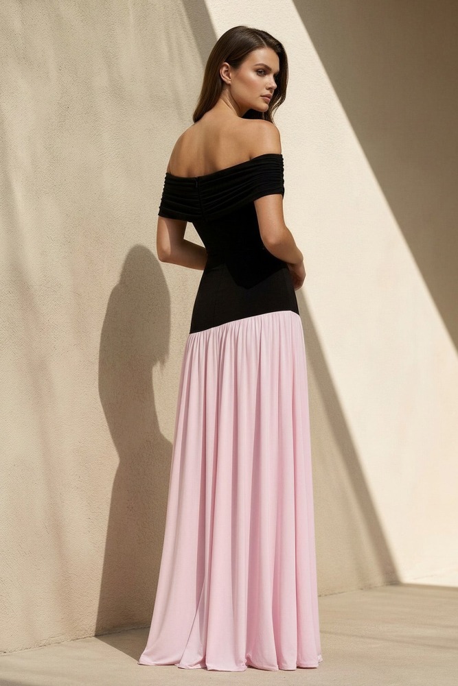 Black and Pink Off The Shoulder Pleated Maxi Wedding Dress, Romantic Bridal Gown for Wedding Engagement Photoshoot Reception Party