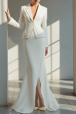 Mermaid Wedding Dress for Women, White Long Sleeve Side Slit Business Two Piece Bridal Skirt Set Formal Bridal Gown