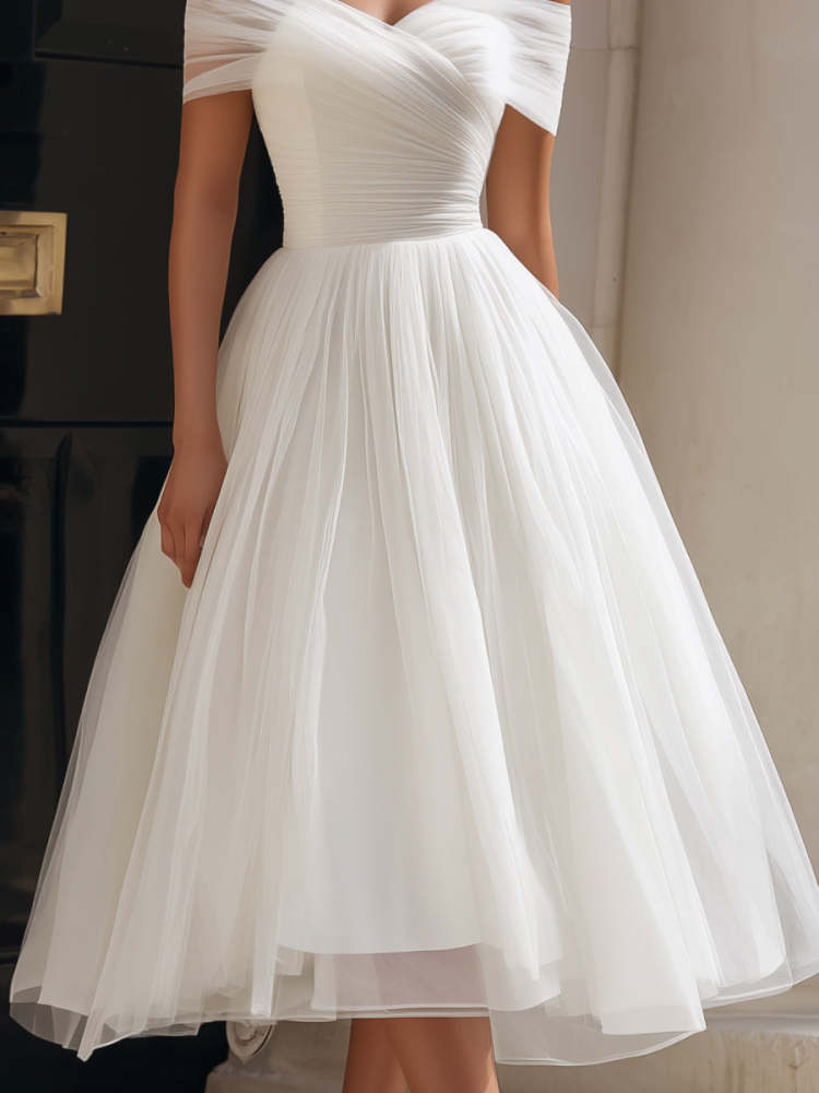 Women's White Off-Shoulder Pleated A-Line Tulle Midi Wedding Dress for Bridal Shower Engagement Photoshoot Cocktail Party Wedding Guest