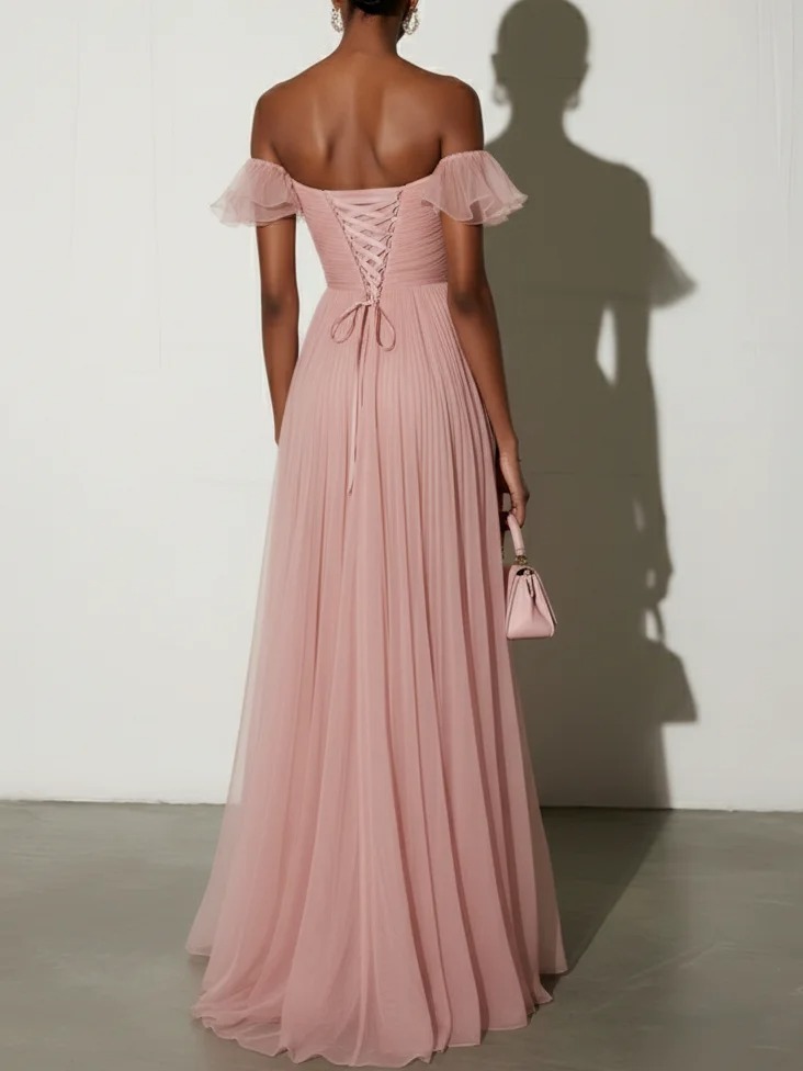 Pink Off The Shoulder Short Sleeve A-Line Wedding Dress - Ruffled Pleated Tulle Bridal Formal Gown