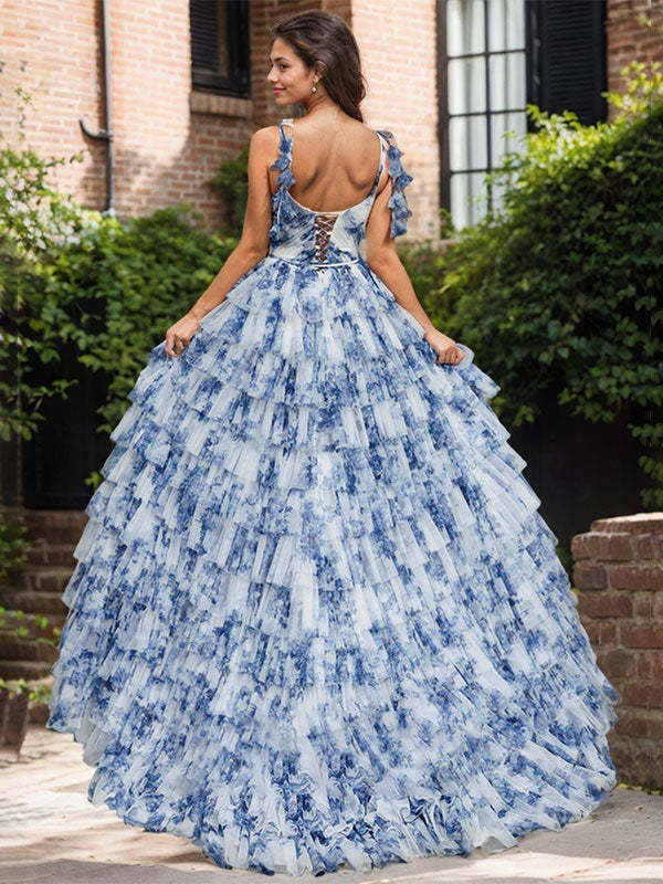 Blue Floral A Line V Neck Long Pleated Slit Prom Wedding Guest Dress