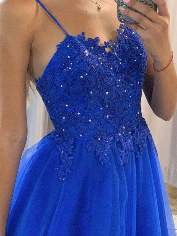 Blue A-Line Spaghetti Straps Tulle Long Prom Dress with Appliques