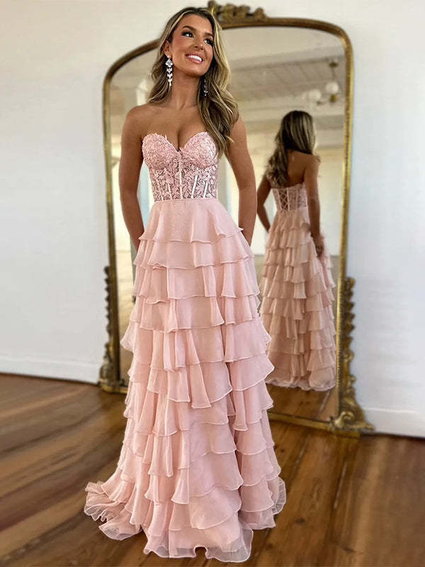 Light Blue A-Line Sweetheart Neck Long Tiered Prom Dress with Slit