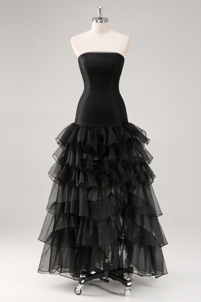 Women's Black Strapless Tulle Tiered Ruffles Formal Dress, Bridal Gown for Wedding Prom Evening Party