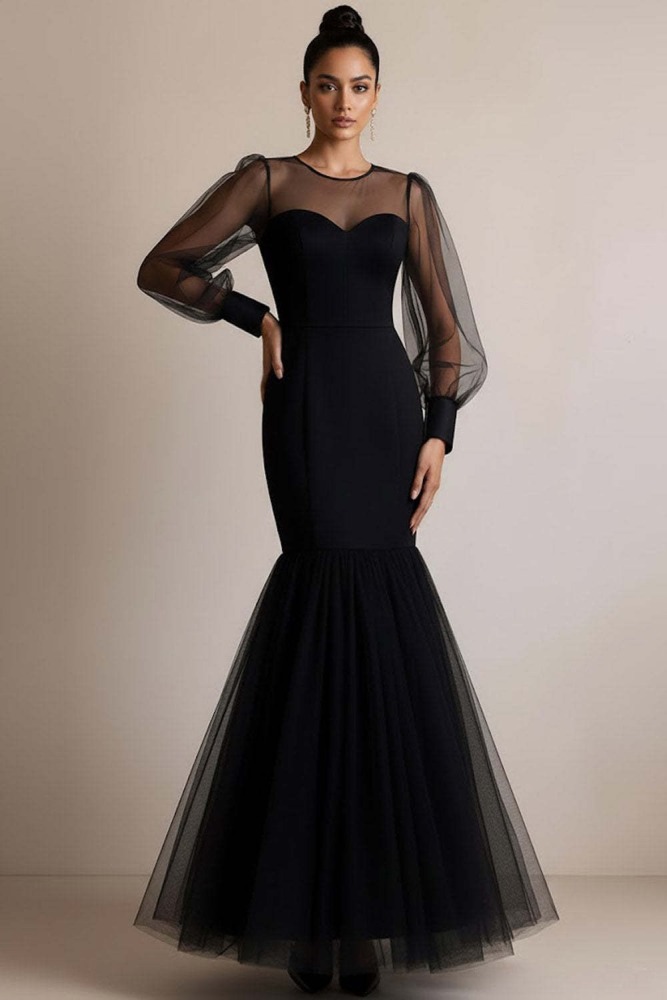 Black Mermaid Wedding Dress for Women, Illusion Neck Long Sleeves Long Tulle Formal Bridal Gown for Prom Evening Wedding Formal Occasion