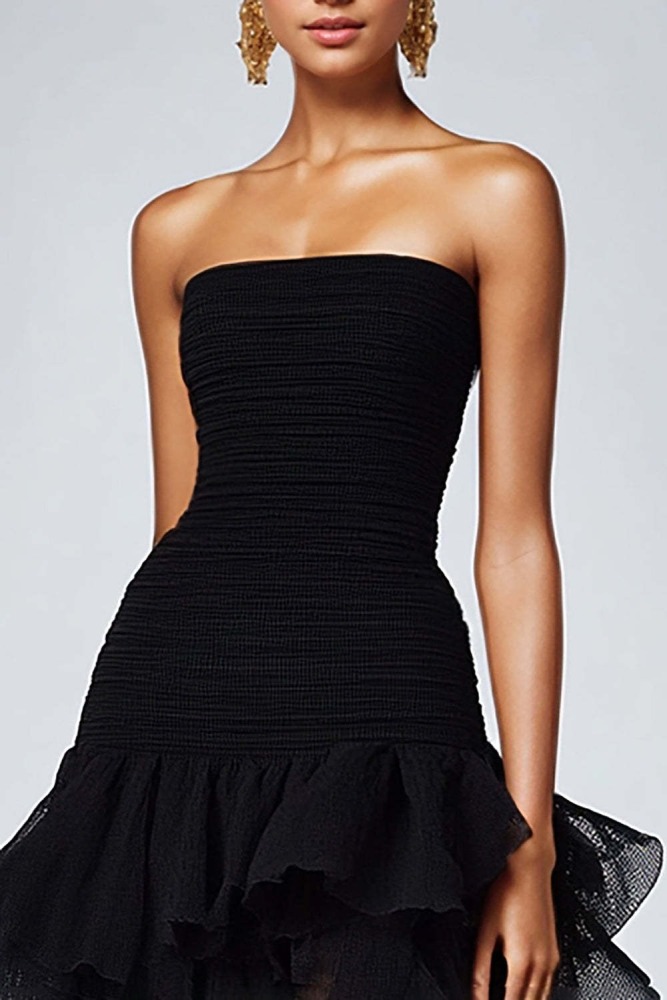 Women's Black Strapless Tulle Tiered Ruffles Formal Dress, Bridal Gown for Wedding Prom Evening Party