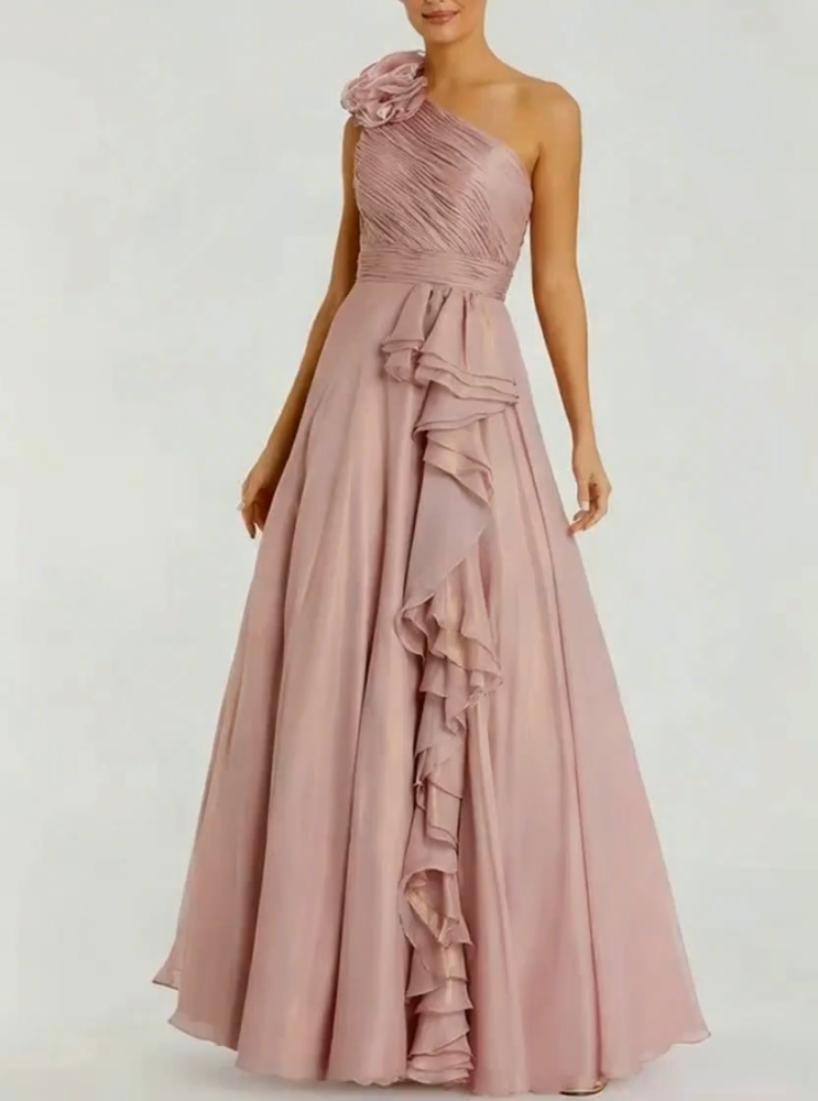 Pink 3D Floral One-Shoulder Ruched Chiffon Maxi Wedding Dress for Women, Long Flowy Bridal Gown for Beach Wedding Engagement Photoshoot Bridal Shower