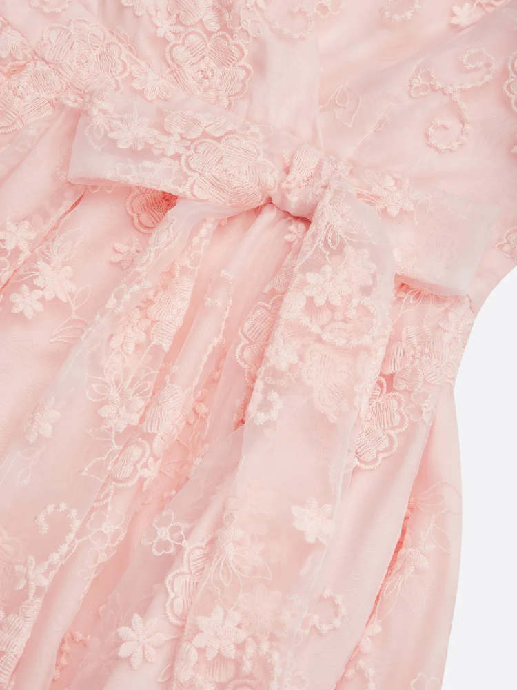 Light Pink Embroidered V Neck Sleeveless A-Line Midi Wedding Dress, Bridal Shower Engagement Rehearsal Dinner Party Bridal Gown