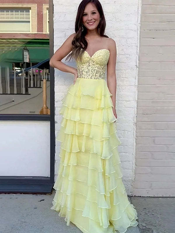 Light Blue A-Line Sweetheart Neck Long Tiered Prom Dress with Slit