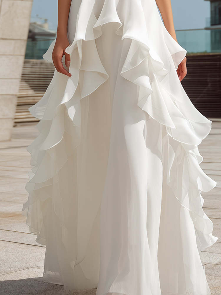 Women's White Halter Layered Ruffle Flowy Maxi Wedding Dress Elegant Bridal Gown for Beach Wedding Elopement Engagement Photoshoot