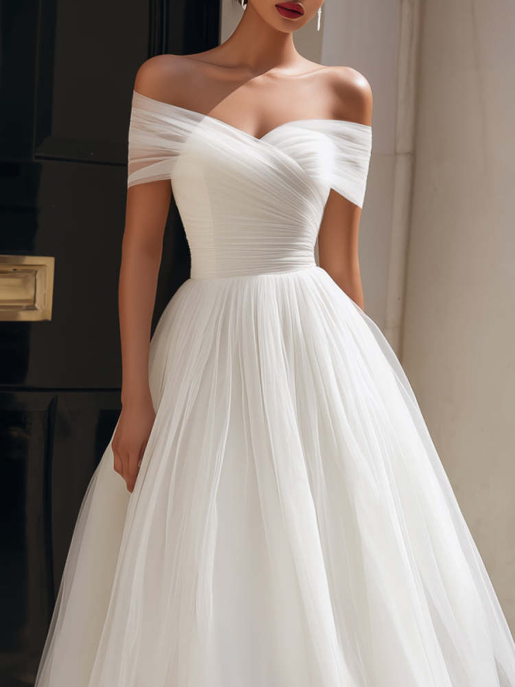 Women's White Off-Shoulder Pleated A-Line Tulle Midi Wedding Dress for Bridal Shower Engagement Photoshoot Cocktail Party Wedding Guest