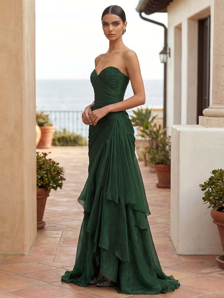 Dreamylily Women's Green Sweetheart Neck A-Line Tiered Maxi Formal Wedding Evening Dress