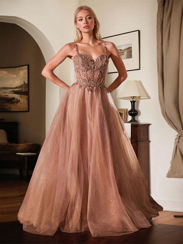 Women's Rose Gold A-Line Spaghetti Straps Long Beaded Prom Dress Formal Evening Party Gown