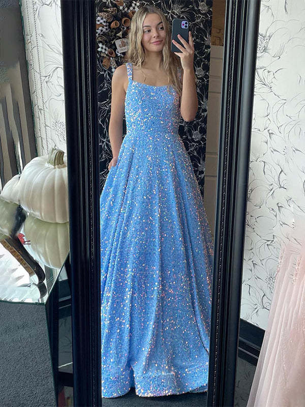 Sparkly Blue A-Line Square Neck Spaghetti Straps Long Prom Wedding Guest Dress