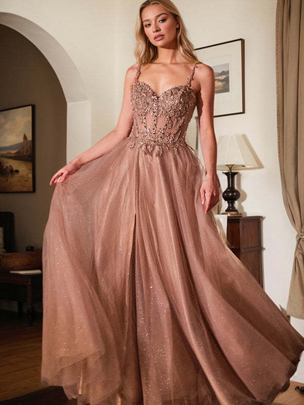 Women's Rose Gold A-Line Spaghetti Straps Long Beaded Prom Dress Formal Evening Party Gown
