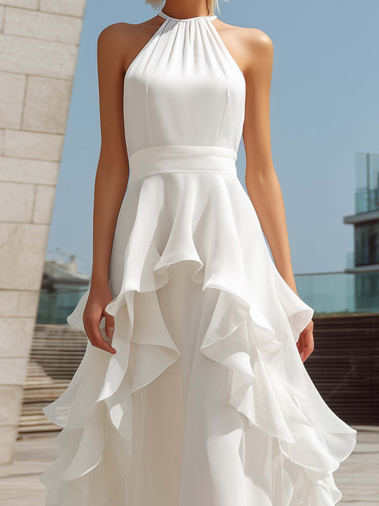 Women's White Halter Layered Ruffle Flowy Maxi Wedding Dress Elegant Bridal Gown for Beach Wedding Elopement Engagement Photoshoot