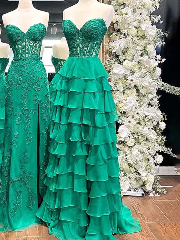Light Blue A-Line Sweetheart Neck Long Tiered Prom Dress with Slit
