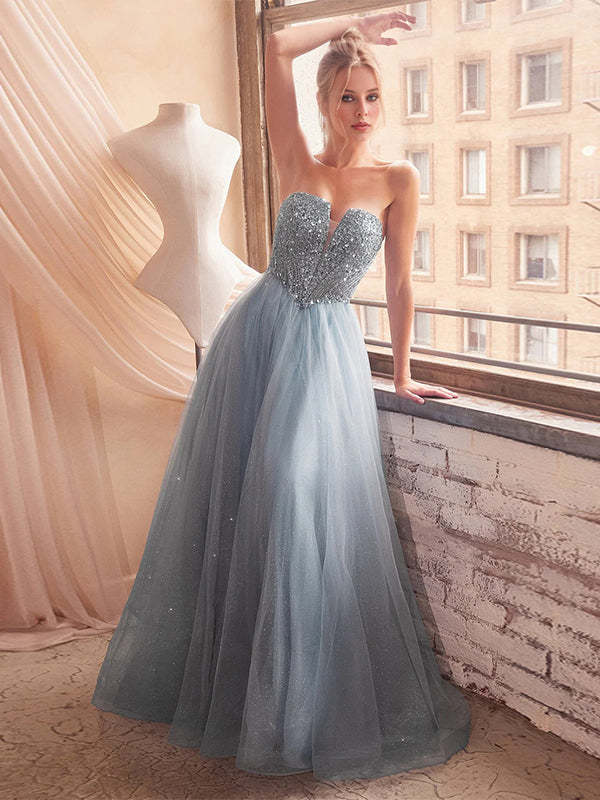 Blue A-Line Sweetheart Sequin Long Prom Wedding Guest Dress