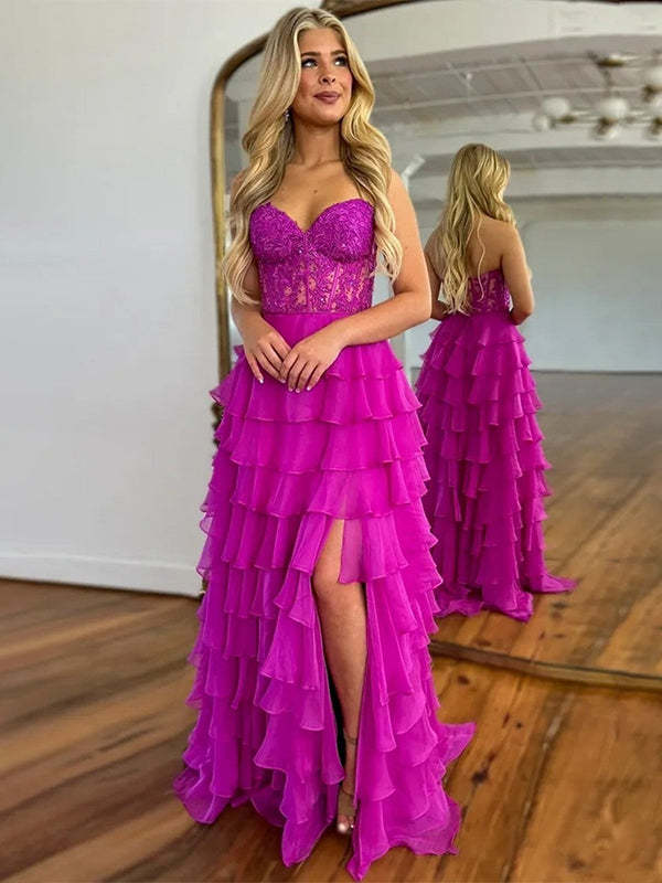 Light Blue A-Line Sweetheart Neck Long Tiered Prom Dress with Slit
