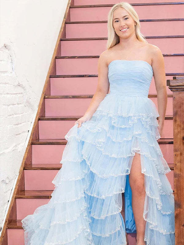 Glitter Light Blue A-Line Strapless Tulle Long Prom Dress with Ruffled Skirt