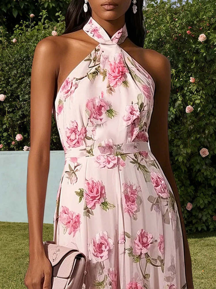 Pink Classic Floral Halter Short Sleeve A-Line Maxi Wedding Dress Bridal Gown for Bridal Shower Wedding Photoshoot Reception