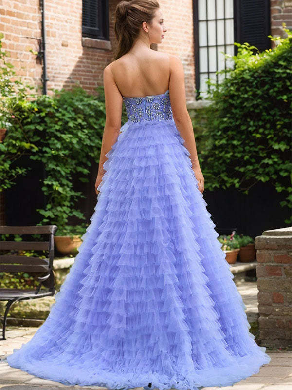 Blue A-Line Tiered Ruffled Tulle Prom Dress with Beading Rhinestones