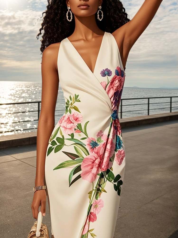 Mermaid Wedding Dress for Women Pink Cross Floral V Neck Sleeveless Formal Bridal Mermaid Gown