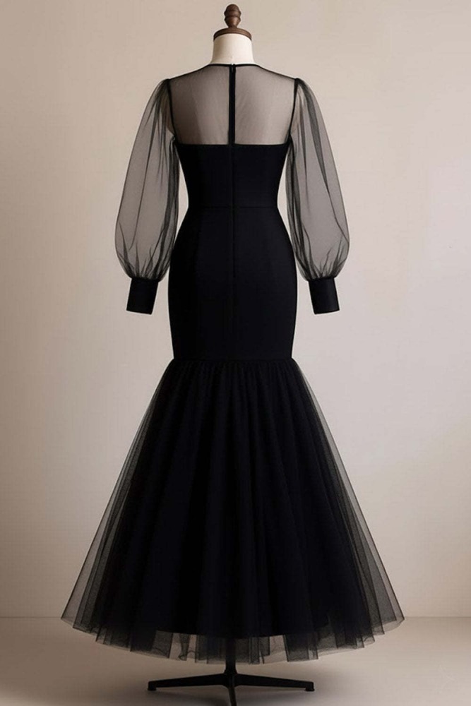 Black Mermaid Wedding Dress for Women, Illusion Neck Long Sleeves Long Tulle Formal Bridal Gown for Prom Evening Wedding Formal Occasion