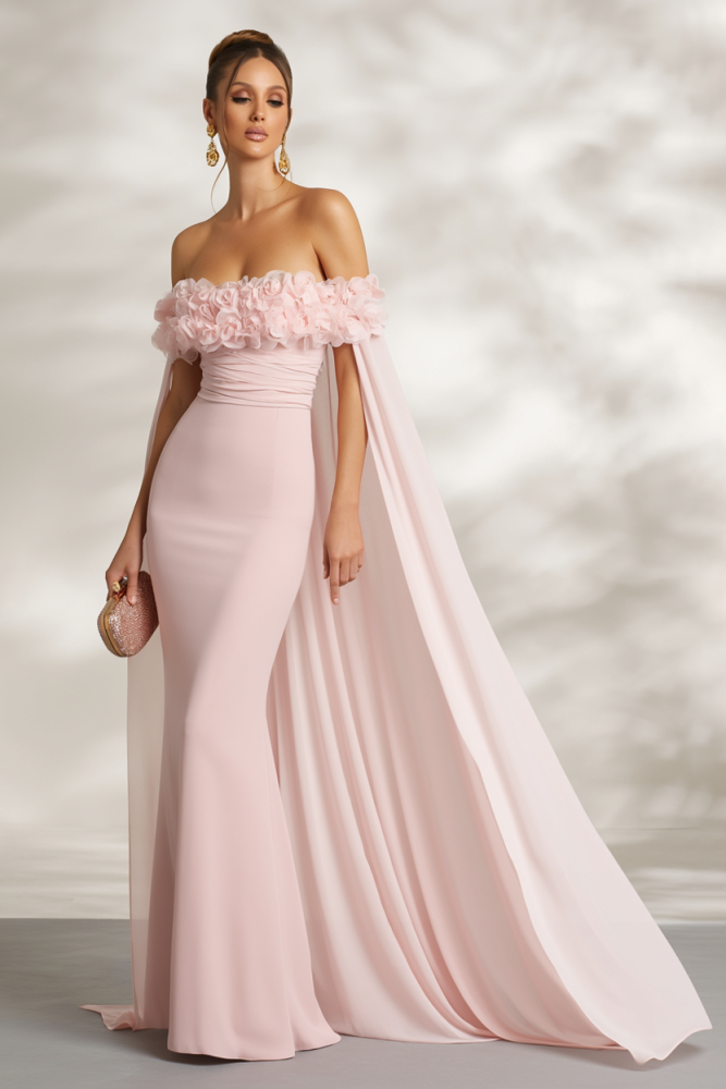 Wedding Dress Pink Off Shoulder with Floral Cape Maxi Bridal Gown
