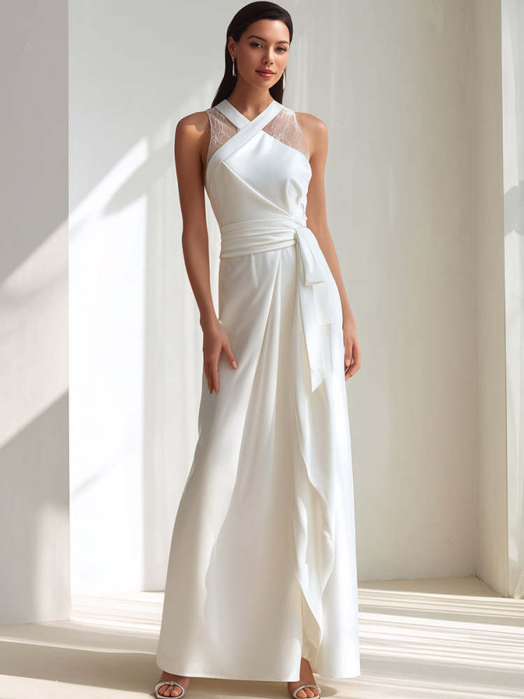 Elegant White Cross-Neck Lace Panel Wrap Maxi Wedding Dress, Floor Length Bridal Gown for Women Wedding Bridal Shower Engagement Photoshoot
