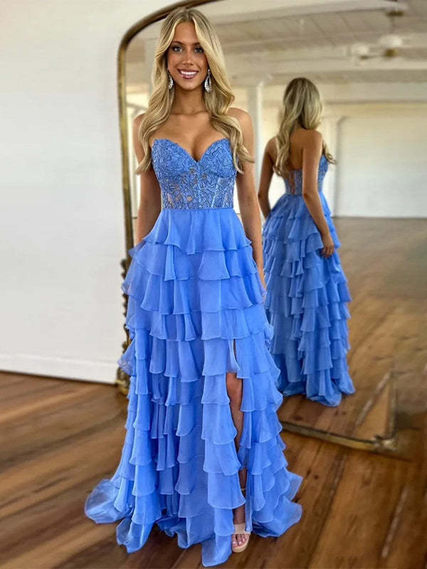 Light Blue A-Line Sweetheart Neck Long Tiered Prom Dress with Slit